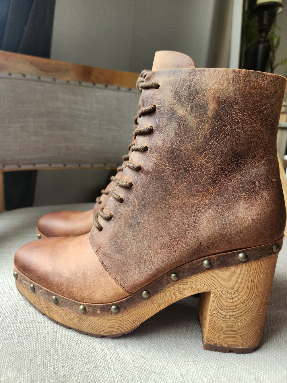 Kork-Ease Brown Leather Lace-Up Platform Booties Shearborn 7.5 Boho Clog Boot - Picture 4 of 13